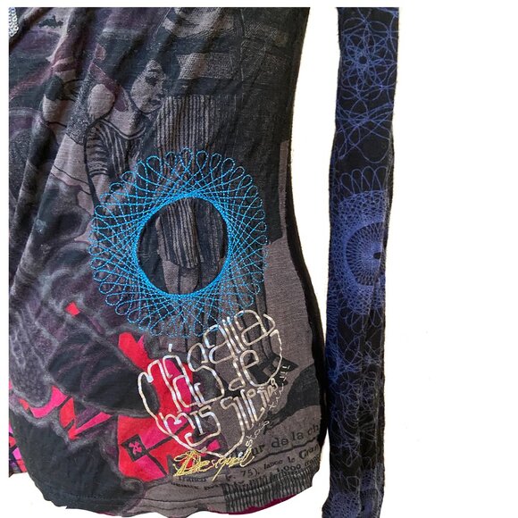 Quirky Vintage Desigual Long Sleeve Asymmetrical Cotton Stretch Knit Shirt, XS - Picture 4 of 8